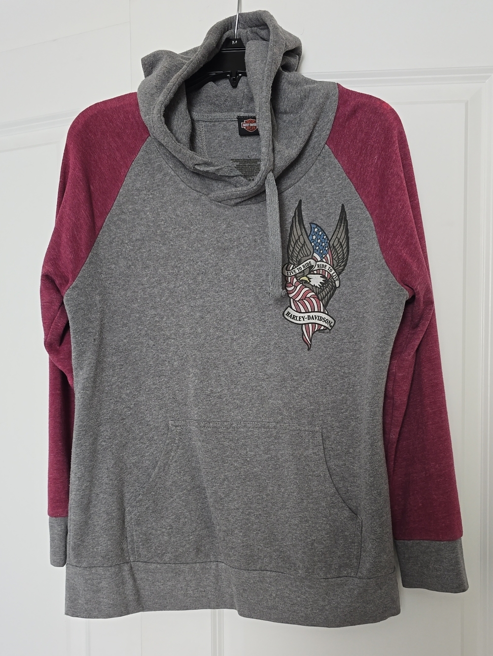 Harley-Davidson Grey and Maroon Raglan Pullover Hoodie with Eagle Emblem